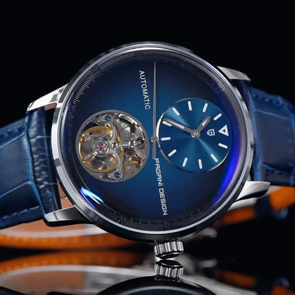 PAGANI DESIGN 42mm Mechanical Watch Automatic Movement Tourbillon Watch Stainless Steel 100m Waterproof PU Leather Strap