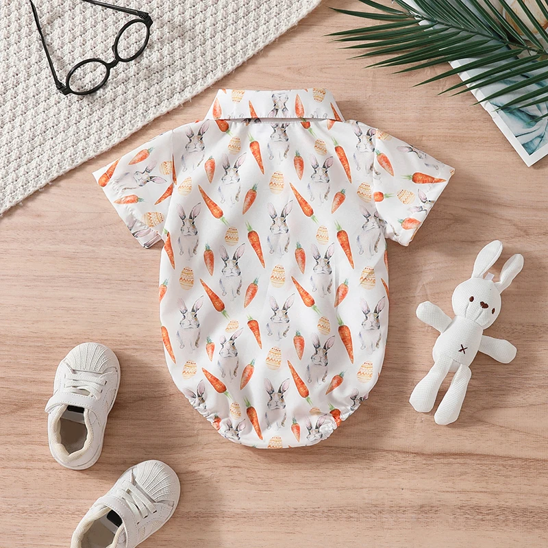 

Newborn Baby Boy Easter Day Bunny Outfit Infant Short Sleeve Button Down Lapel Neck Bowtie Rabbit Carrot Romper