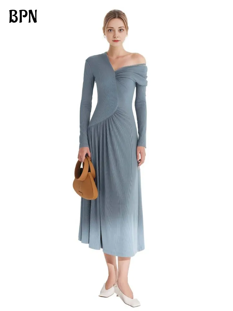 

BPN Elegant Knitting Dresses For Women V Neck Long Sleeve High Waist Solid Slimming A Line Temperament Midi Dress Female Style