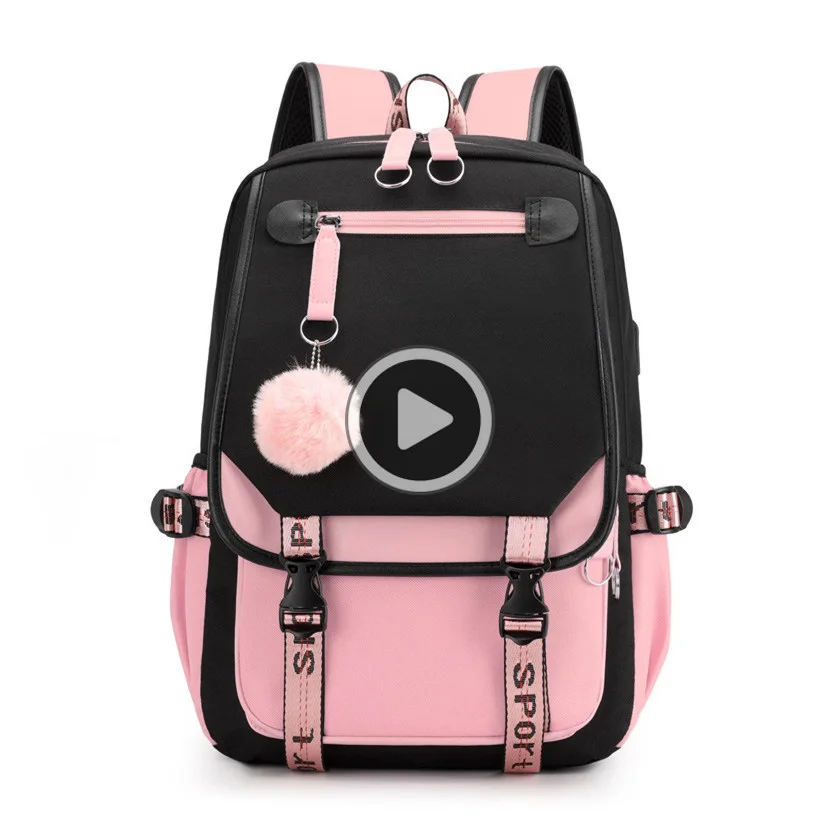 

Fengdong large school bags for teenage girls USB port canvas schoolbag student book bag fashion black pink teen school backpack