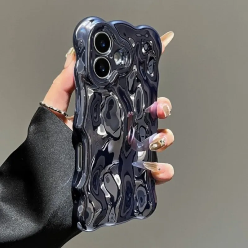 Luxury Plating Curved 3D Waves Glossy Phone Case with Shockproof Soft Bumper Cover