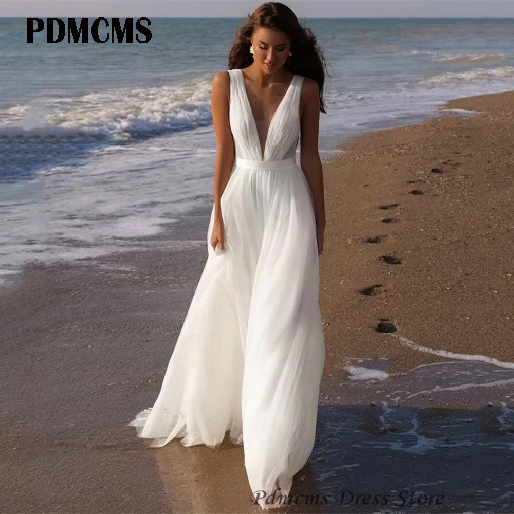 

PDMCMS белое Тюлевое вечернее платье для выпускного вечера, свадебное платье с глубоким V-образным вырезом в пол, свадебные платья в стиле ретро с поясом, ТРАПЕЦИЕВИДНОЕ свадебное платье