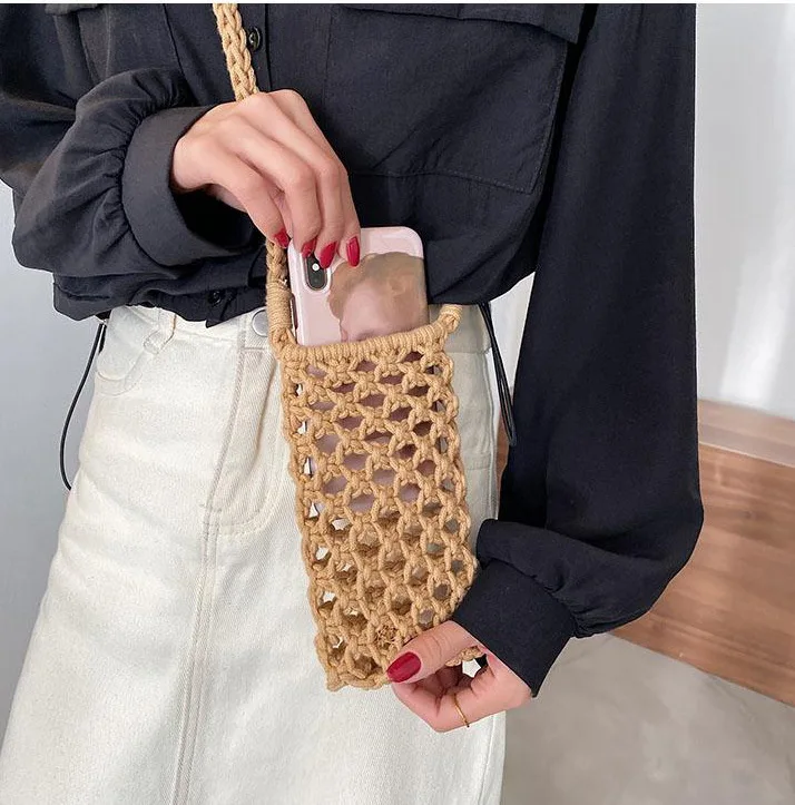 Women Fashion Small Crossbody Phone Bag Solid Color Hollow-out Woven Crochet Lightweight Braided Shoulder Handbag