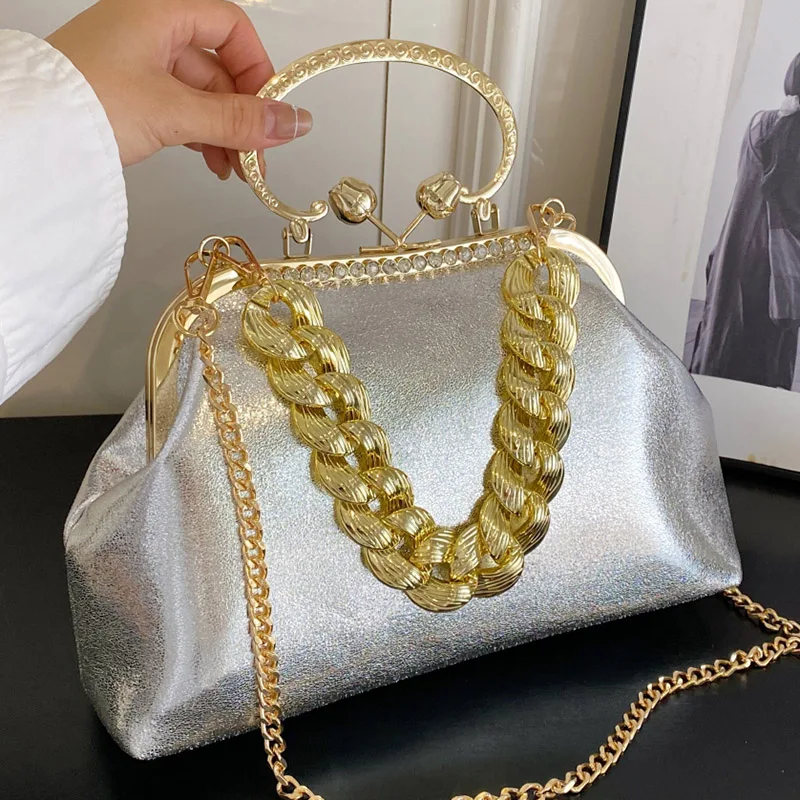 Luxury Women's Silver Green Chain Shoulder Bags Gold PU Leather Shell Clip Designer Handbag And Purse Party Wedding Clutch women handbags leather shoulder bag