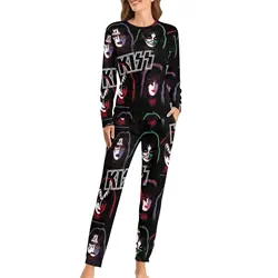 Kiss Band Group Pajamas Rock Band 2 Piece Night Pajama Set Female Long Sleeve Kawaii Oversize Nightwear