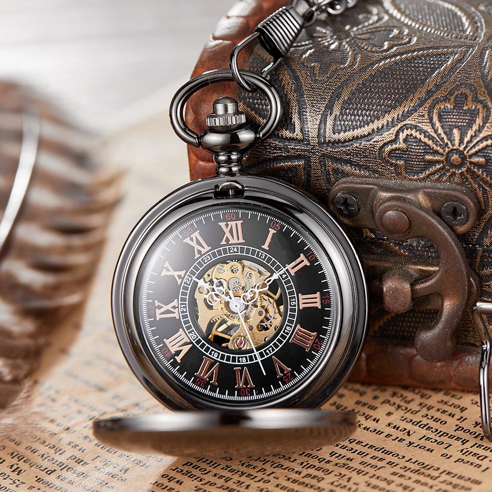 Vintage Black Automatic Mechanical Pocket Watch Men Mirror Case Skeleton Digital Dial Classic Clock Women FOB Chain Reloj Hombre