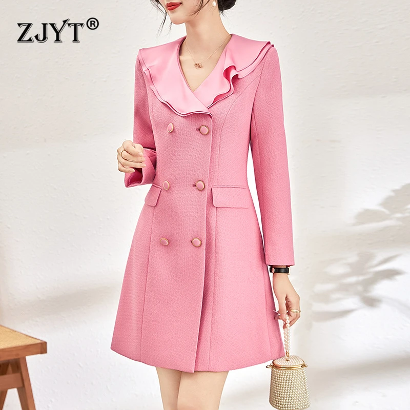 ZJYT 여성용 용수철 드레스, 긴 소매, 우아한 러플, 더블 브레스트 핑크 원피스, 스위트 캐주얼 드레스, 2024 신상