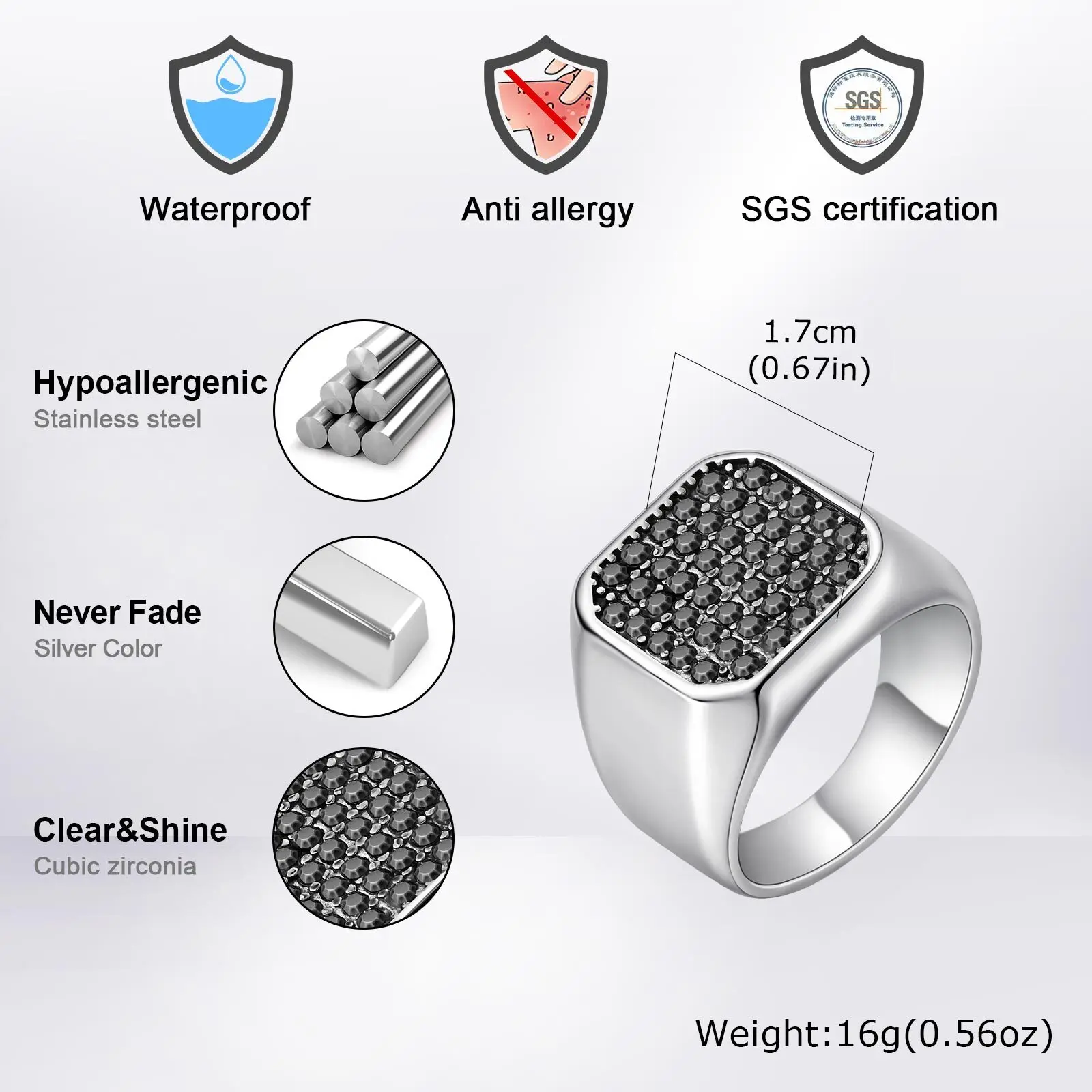 Stylish Men's Stainless Steel Ring,Black AAA Crystal Zircon Square Ring Thumb Ring,Anniversary Birthday Fatehr Gift