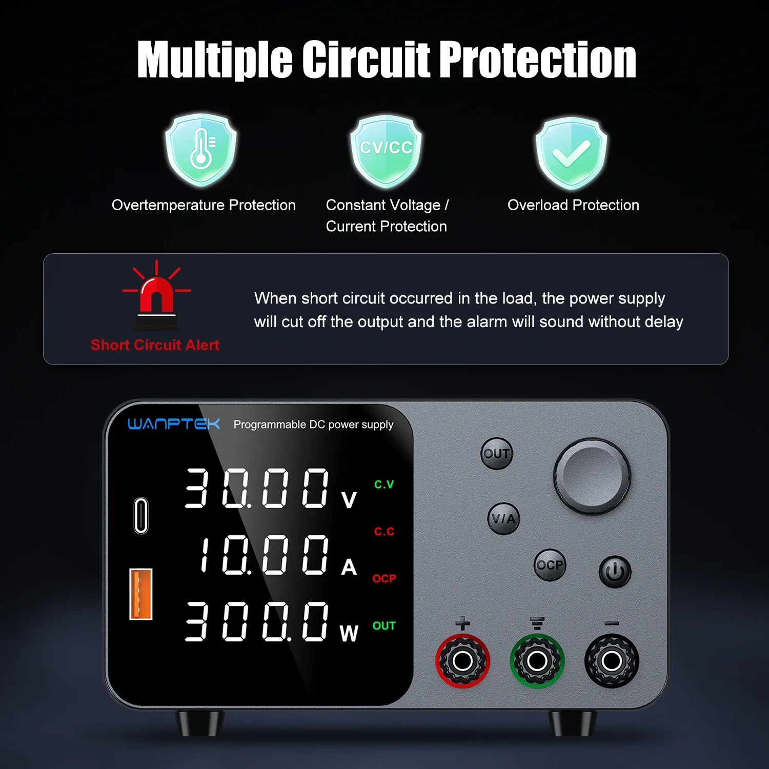 Wanptek Labor-Gleichstromversorgung Einstellbar 30V 10A 300W 60V 5A 300W 120V 3A 360W mit USB-A/TYPE-C Ausgang OCP Stromversorgung – Detail 5