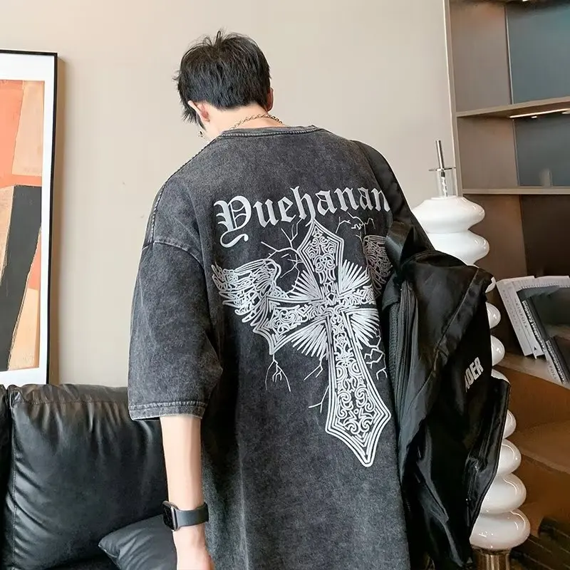 

2023 New Spring and Summer Mens T Shirts Vintage Loose Fit O-Neck Mens Short Sleeve Retro Harajuku Mens Clothing