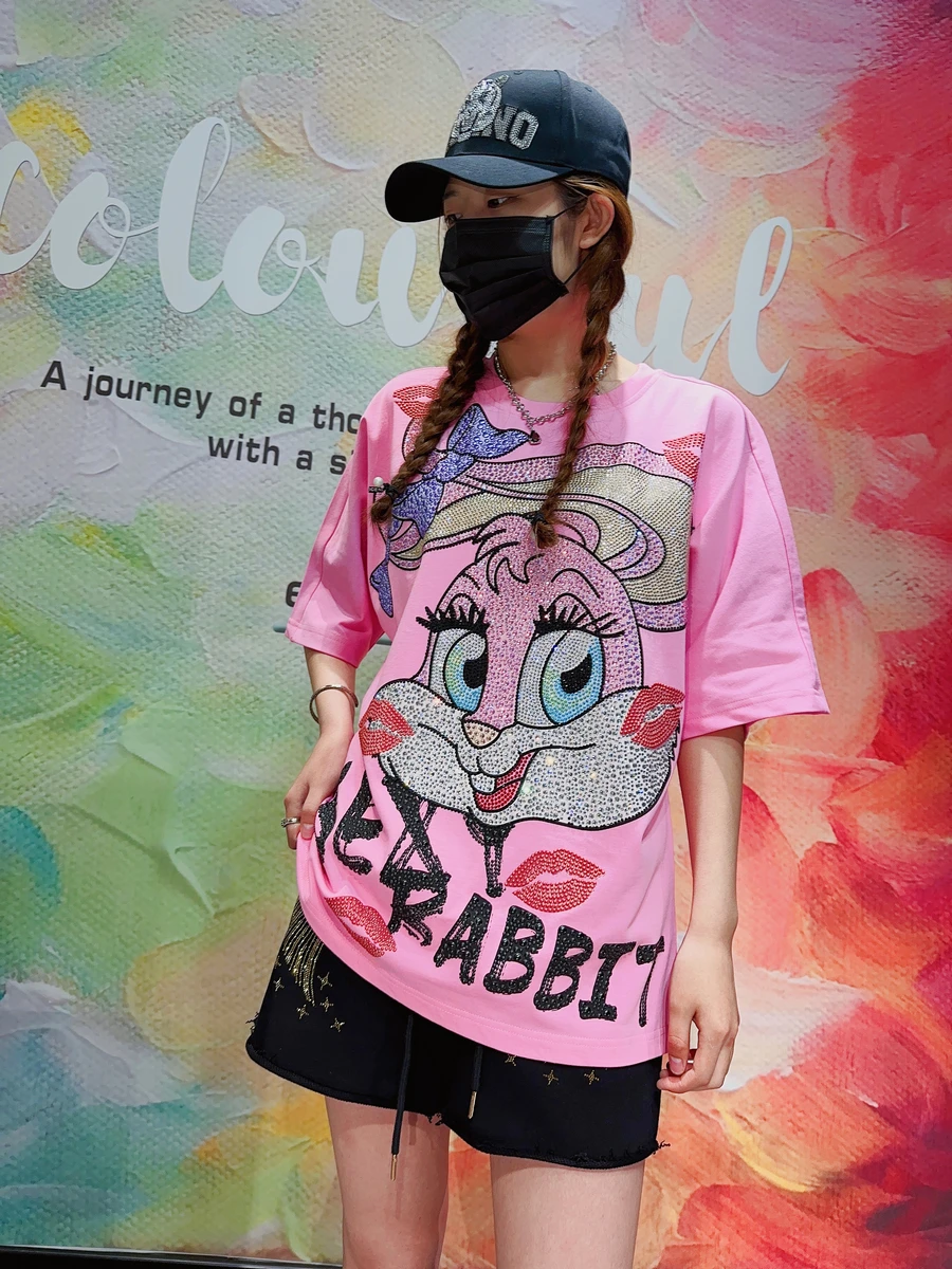 

Luxury Blingbling Pink Bunny Hot Drilling Short Sleeve T-shirt 2023 New Summer Cute Age Reduction Oversize Top Mid-long Tshirts