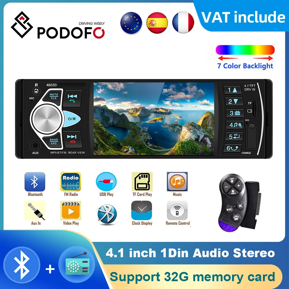 Podofo 4.1 ''Autoradio 1Din Audio Stereo Fm Bluetooth Lettore Mp3 Fm Autoradio Telecamera Retromarcia Musica Ingresso Usb Aux