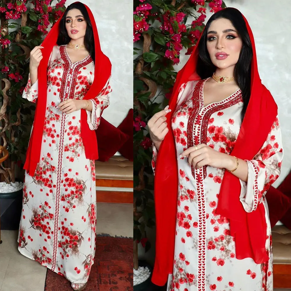 

Abaya Dubai Turkey Muslim Hijab Dress Luxury Diamonds Floral Print V-Neck Lace Tape Elegant Casual Party Ramadan Modest Dresses