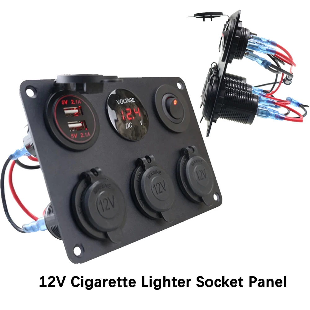

6 In 1 Aluminum Panel 12V Cigarette Lighter Socket Power Outlet 4.2A Dual USB Charger LED Voltmeter Toggle Switch for Marine RV