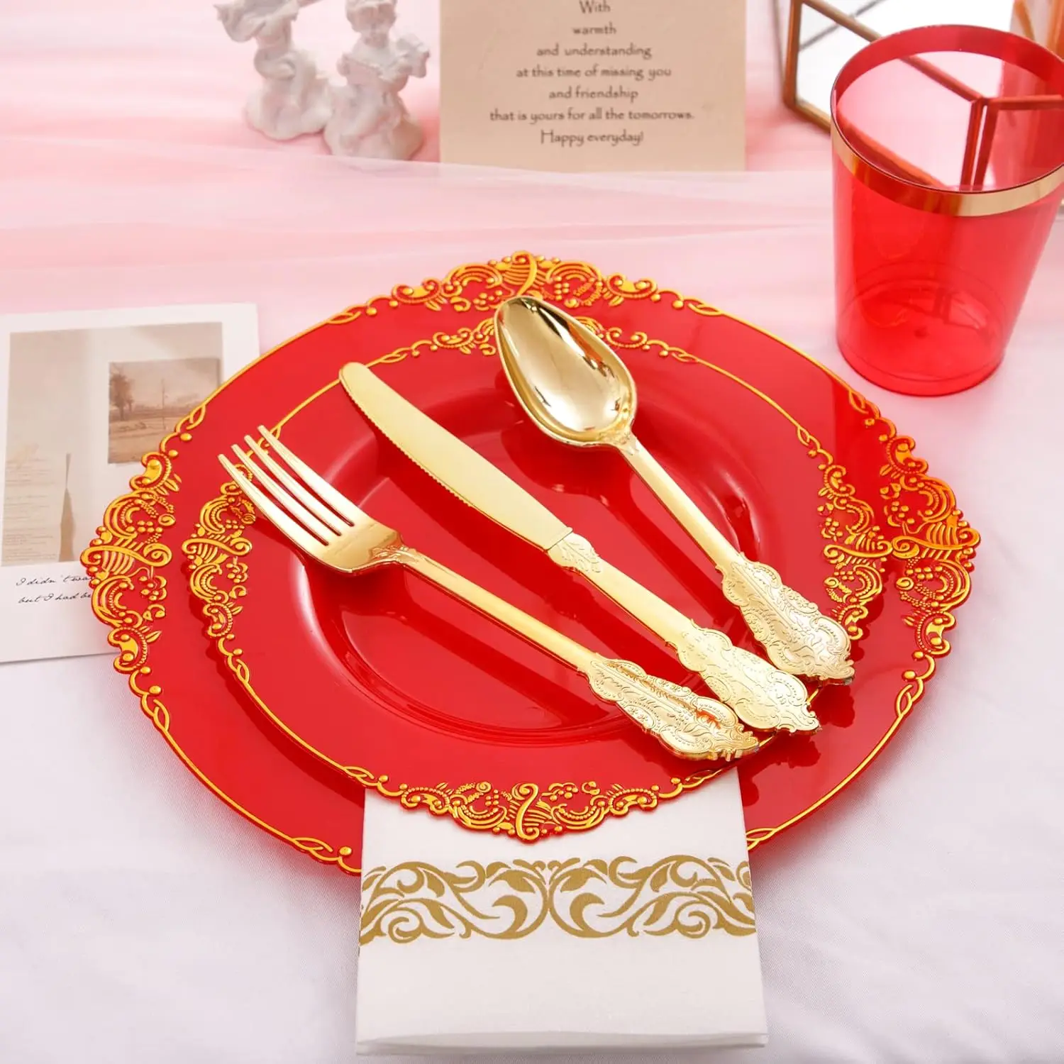 175PCS Red Plastic Plates,Red Disposable Plates With Gold Rim,Red and Gold Plastic Dinnerware Set Includes: 50 Plates NEW USA