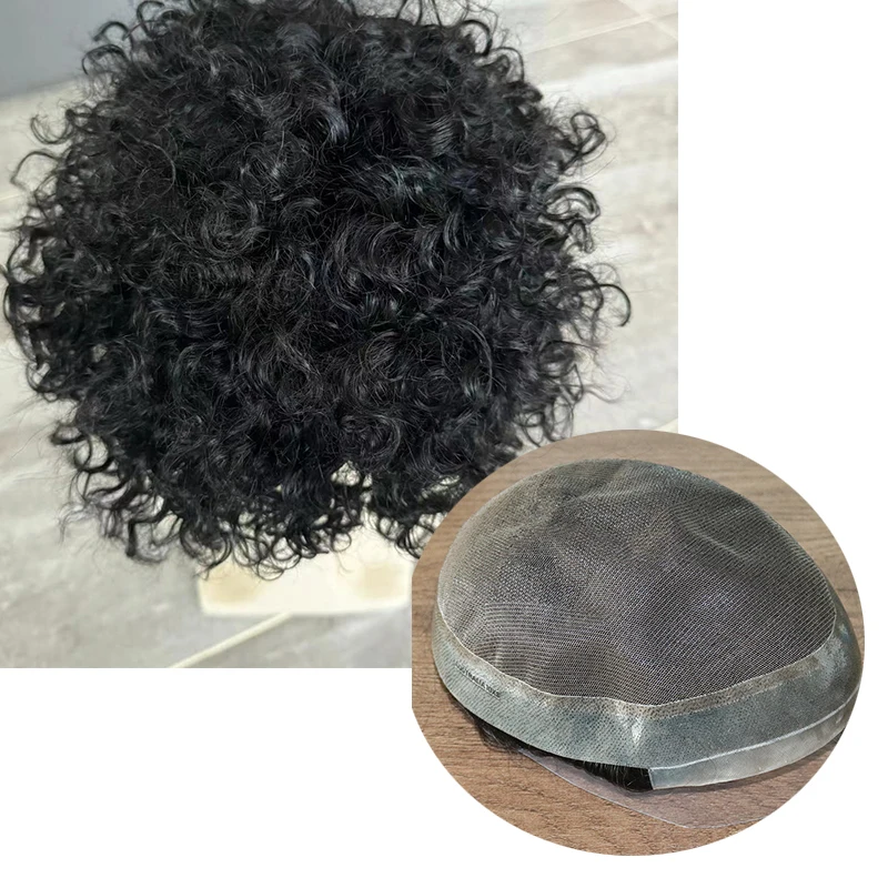 

15MM Curly Australian SwisLace &PU Base Men Toupee Human Hair Piece System Brown Blonde Capillary Prosthesis Replacement