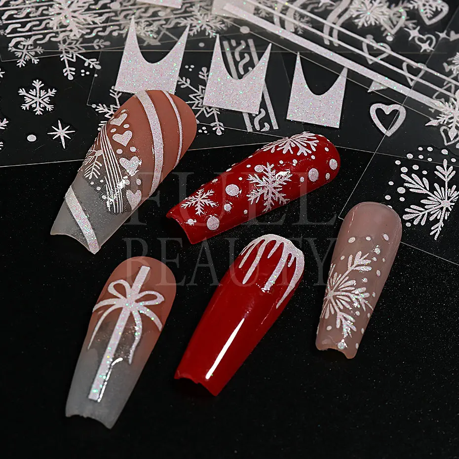 Glitter Christmas 3D Nails Stickers Snowflakes Xmas Elk Winter Snow Sliders Shiny Powder Design Heart French Nail Decals LS-J21 6