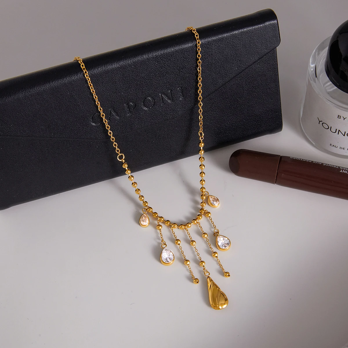 Youthway Classic Short Tassel Water Drop Zircon Pendant Necklace For Women Minimalist 18K Gold Plated Stainless Steel Necklace 6