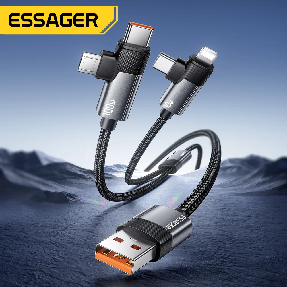 ESSAGER 2-in-1 100W Fast Charging Cable Type-C/Micro/Lightning 7A Multi-Function Data Cable for iPhone 16 15 Pro Samsung Laptop