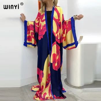 WINYI 2022 new Boho Printed Long Kimono Dress Bikini Cover-ups Women Summer Clothes Beach Wear Swim Suit Cover Up kaftan kimono 1