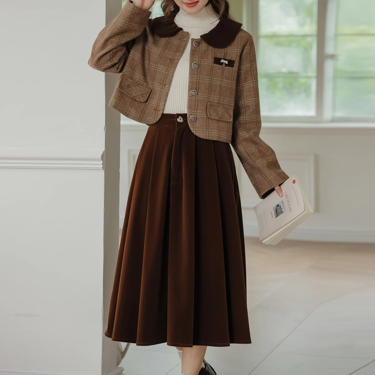 

Elegant Skirt Set Plaid Woolen Clothes Coats Women Two Piece Outfits 2023 A-Line Velvet Skirts Suits SlimAutumn Winter Womens