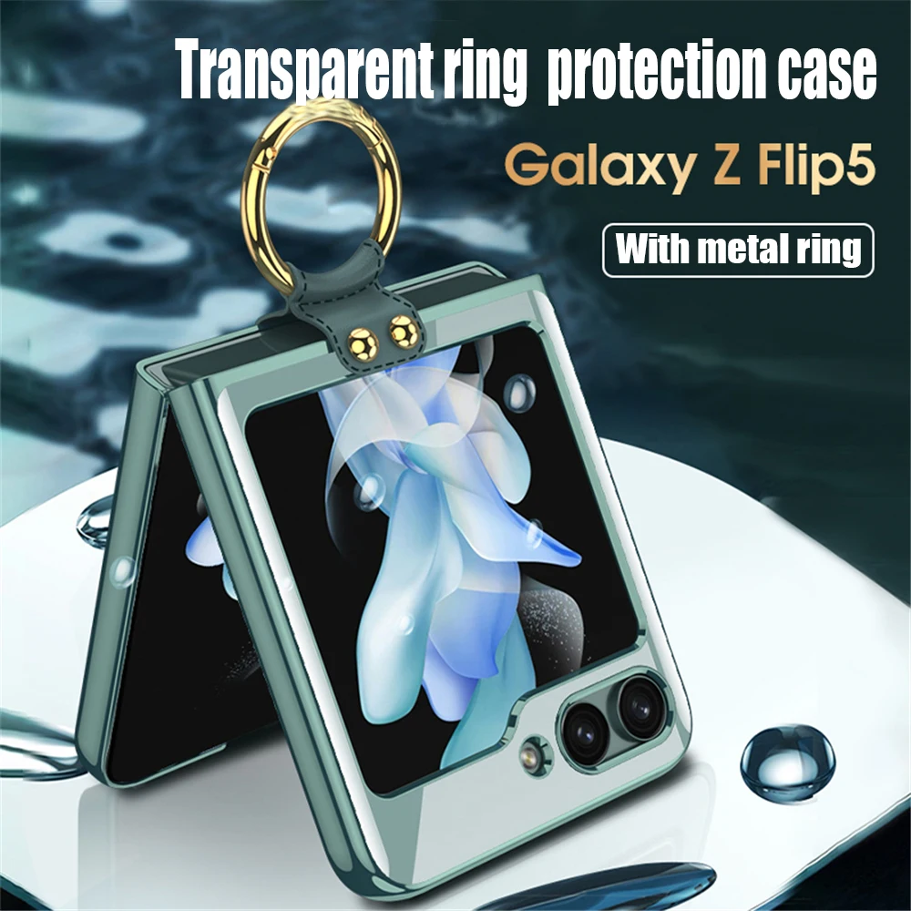 Z Flip 5 Case Clear with Screen Protector, Slim Thin Galaxy Z Flip 5 Case  Transparent Plating TPU Bumper+Metal Shaft, Suport Wireless Charging Case