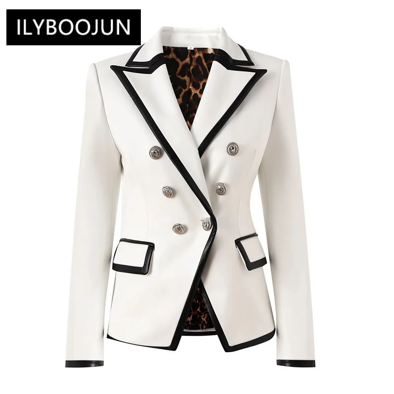 

Unique Fall Winter Black Contrast Color White PU Leather Patchwork Jackets Leopard Printing Linging Luxuy Fashion Women Blazers