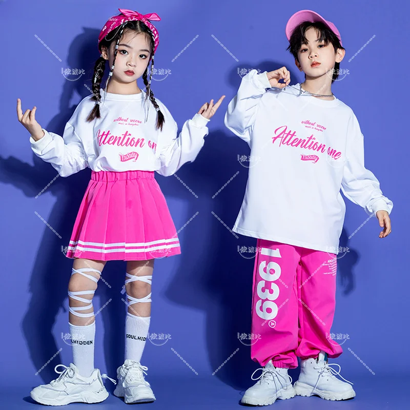 

Boys Hip Hop Sweatshirt Street Dance joggers Pants Girls Loose Top Pink Skirts Children Streetwear Kids Jazz Stage Clothes Sets