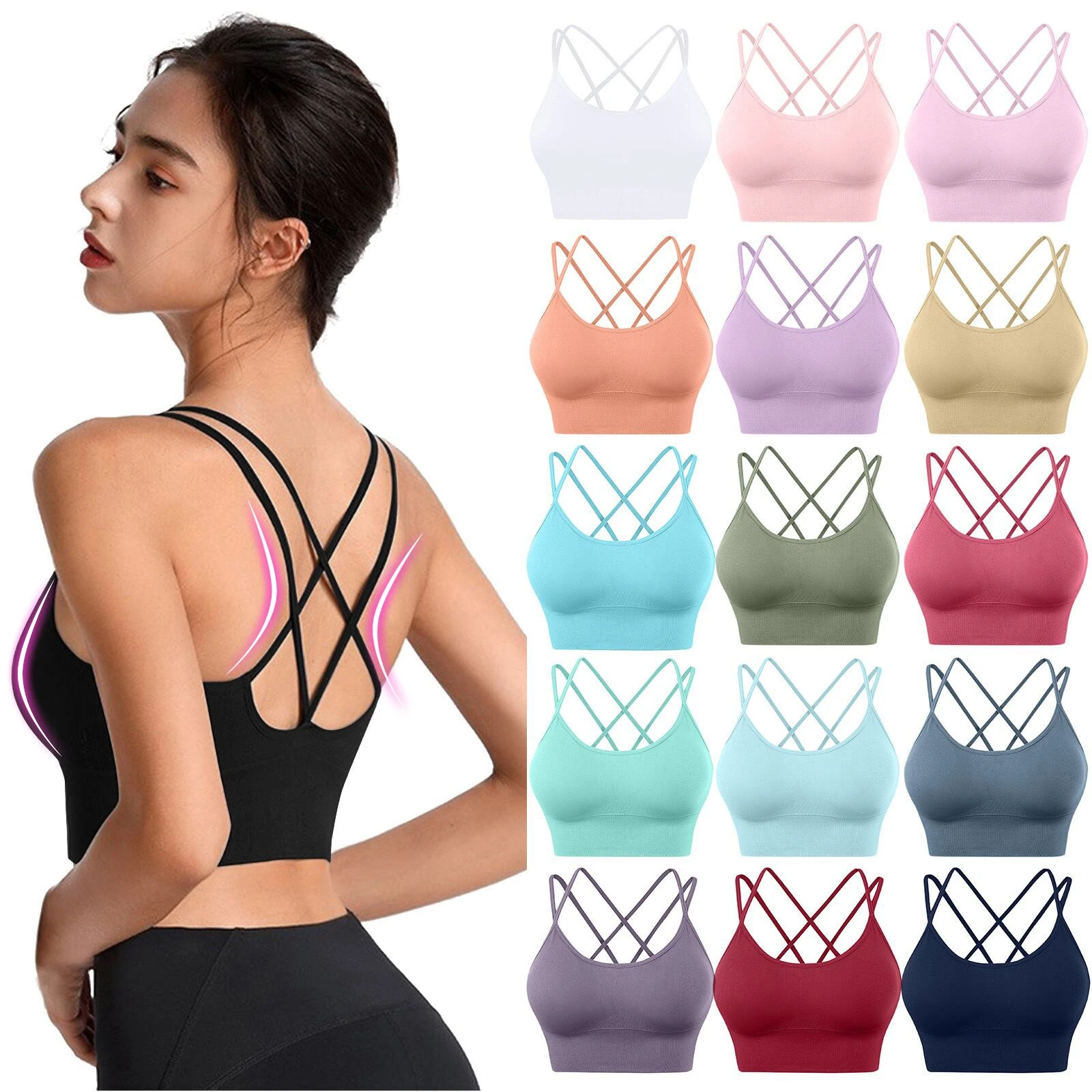Sports Bra Womens Seamless Cross Back Sport Bras Padded Strappy Cross Cropped Bras Yoga Crop Top