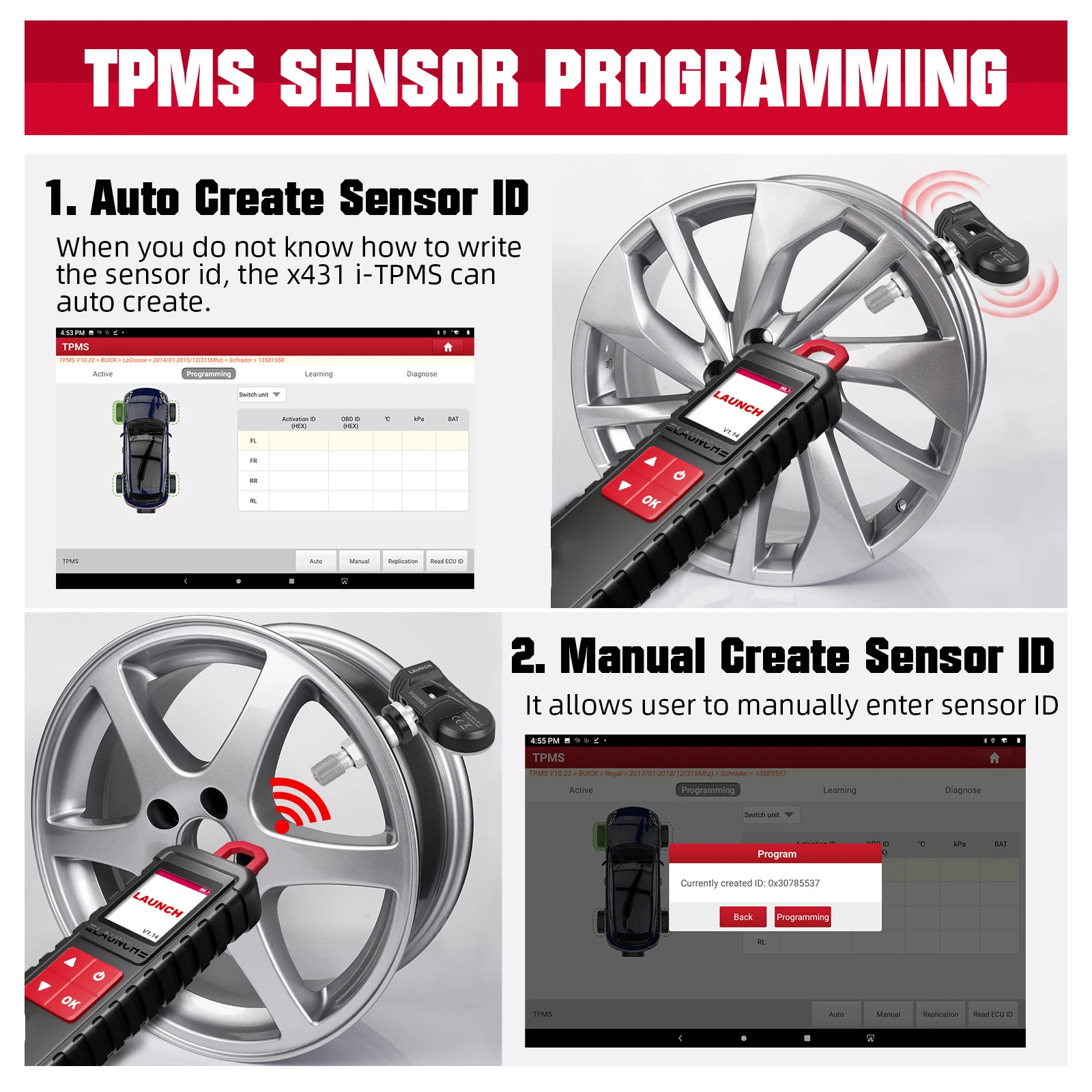 LAUNCH X431 i-TPMS 도구, 타이어 압력 센서 활성화 프로그래밍 진단 학습, 안드로이드 앱, X431 V +, 315MHz, 433MHz