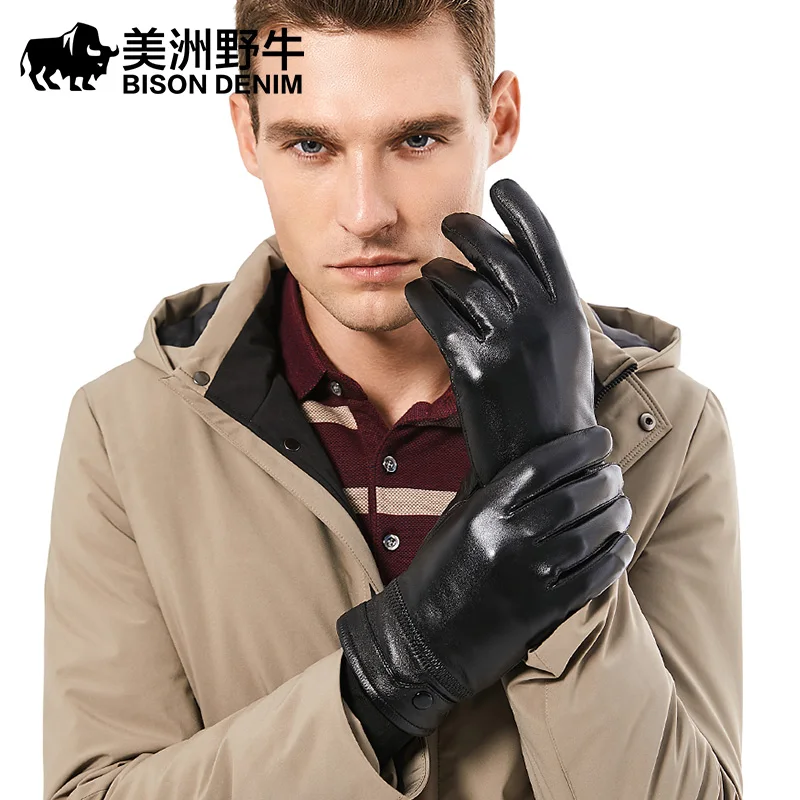 BISON DENIM Men's Genuine Leather Gloves Touch Screen Gloves for Men Winter Warm Mittens Full Finger handschuhe Plus Velvet S019