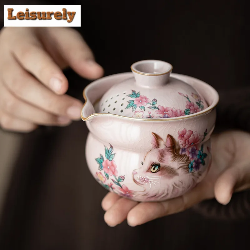 Pink Ru Kiln Flower Cat Gourd Travel Tea Set Kit Luxury 1 Pot 2 Cups Tea Making Organizer Portable Outdoor Handbag Collection