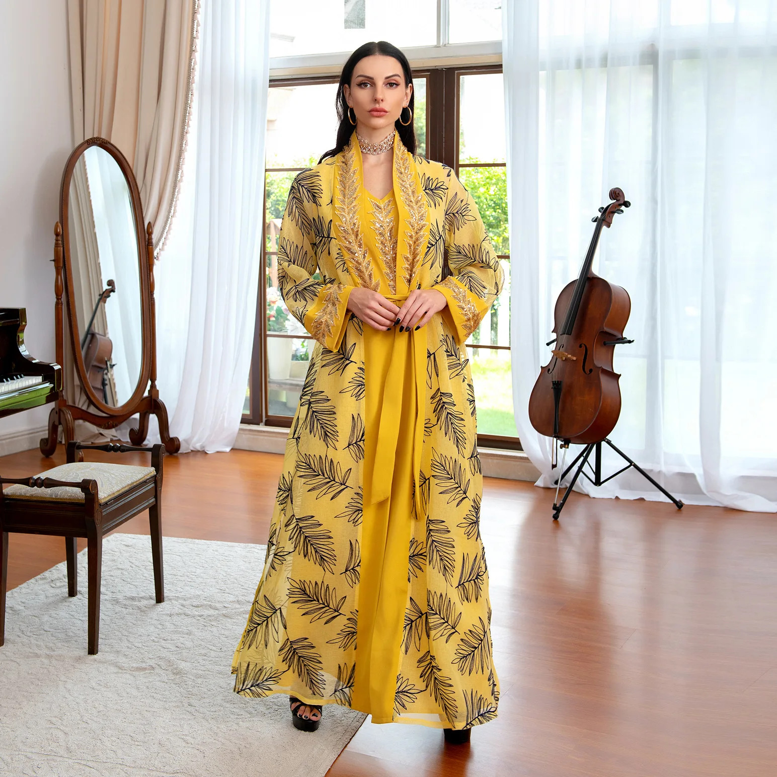 2 Piece Suit Embroidery Guipure Lace V-Neck Full Sleeve Elegant Casual Belted Clothing for Islamic Gulf Women Muslim Dress Set