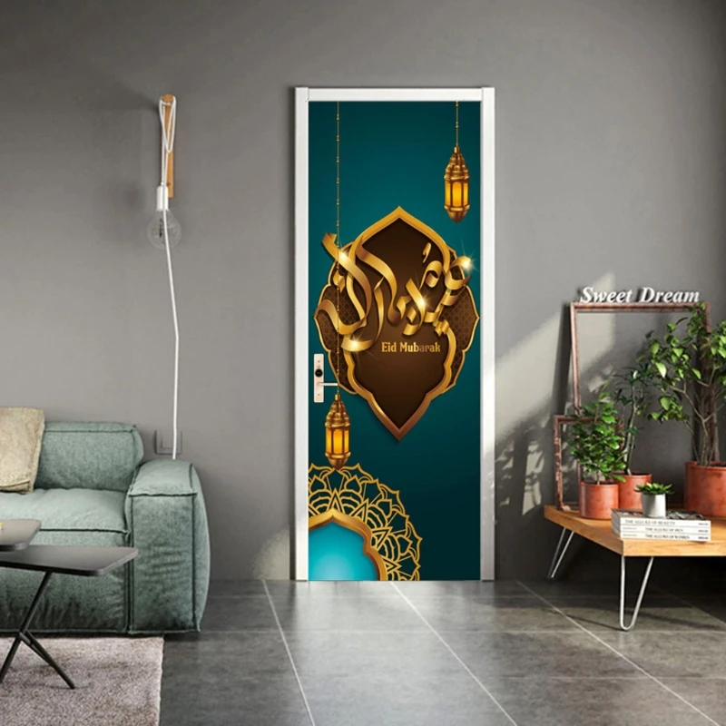 

Eid Mubarak Ramadan Decoration PVC Wallpaper 3D Door Sticker Waterproof Muslim Wall Bedroom Home Decor