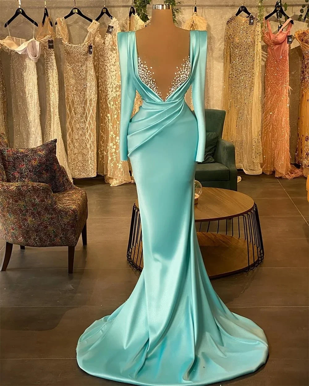 

Sexy Sheer V-Neck Evening Dress Long Sleeves Mermaid Satin Wedding Party Dress New Women Formal Dress 2024 New Reception Dress