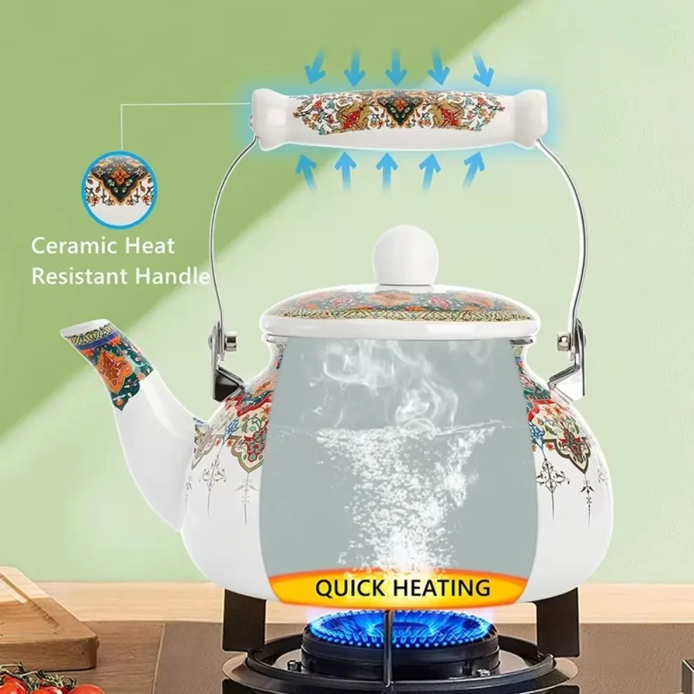 Chinese Style Enamel Teapot Floral Enameled Antiscald Handle Gas Water Kettle 2.5L Pear-shaped Tea Jug Gas Induction Cooker