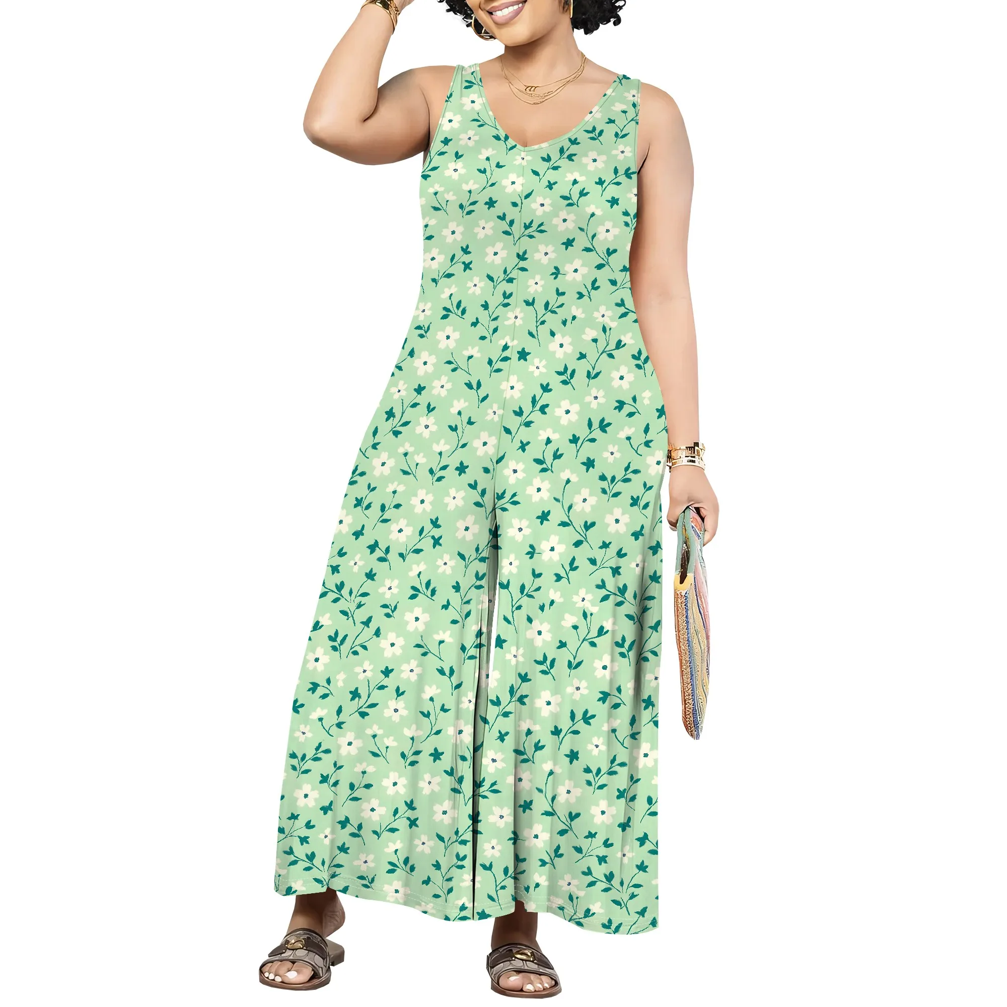 LOZ Women's Jumpsuit - Smocked Romper Sleeveless Overalls, Square Neck, Wide Leg Loose Fit Casual One Piece - View #3