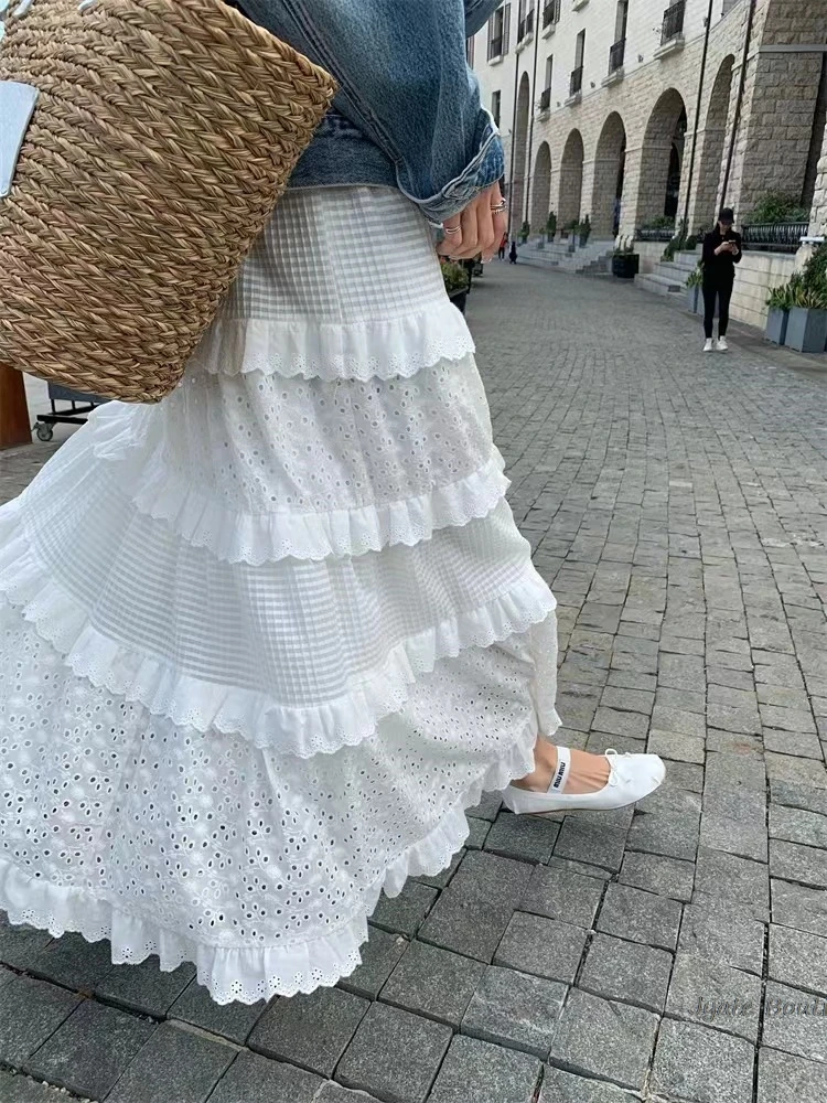 Ruffle Hollow Embroidery Summer Skirt Woman 2024 Cotton A-line Pleat Long Skirt Elastic Waist Lady Elegant Vacation Boho Skirt