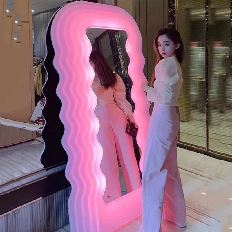 LED 조명 거울 거실 모던 귀여운 전신 소녀 스탠딩, 미적 거울 스타 럭셔리 플로어 스피겔 홈 제품 