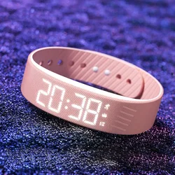 LED Digital Alarm Clock Bracelet with Adjustable Snooze, Pedometer, and Waterproof Vibrating Alert (Pink)
