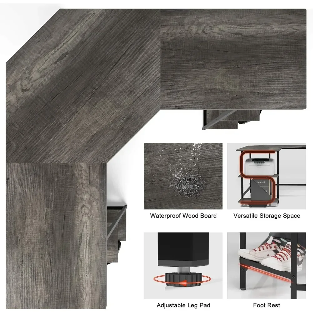 Modern L Shaped Desk with Shelves,64.84" Gaming Computer Desk for Home Office,Corner with Desktop (Black Oak+Black Frame