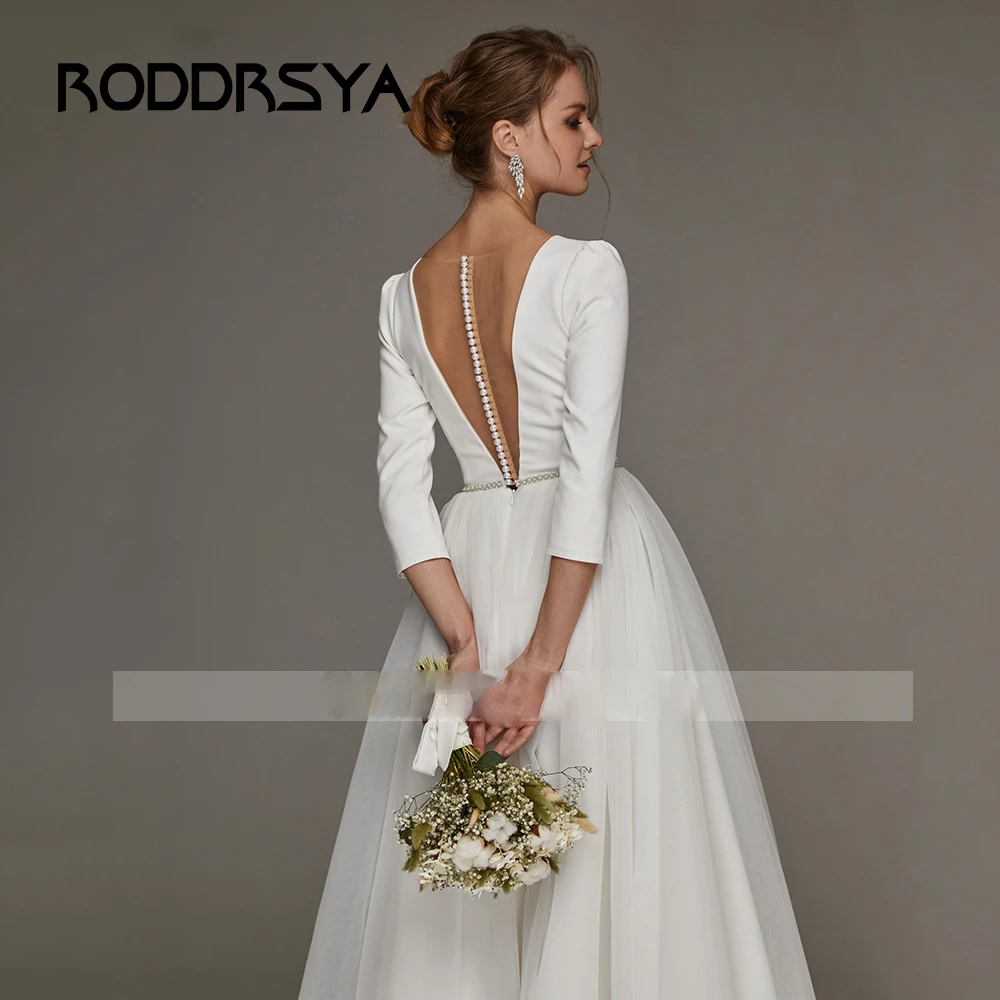 RODDRSYA Elegant Wedding Dresses For Bride Simple Ankle Length Bridal Gowns A-Line V-Neck 3/4 Sleeves Simple Short Robes Mariee