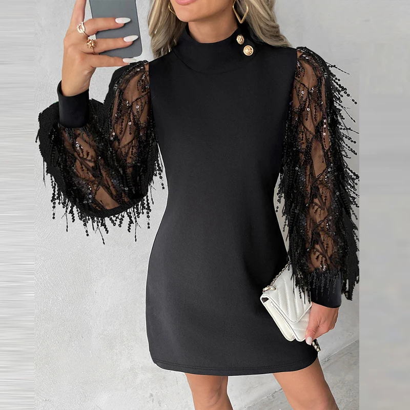 

Fashion Sequin Patchwork Turtleneck Dress Female Long Sleeve Commute Short Dress Autumn Elegant Temperament Slim A-line Dresses