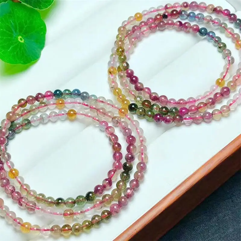 

Natural Tourmaline Multi-loop Bracelet Round Beads Birthday Present Beauty Fashion Color Charm Jewelry 1PCS 4mm