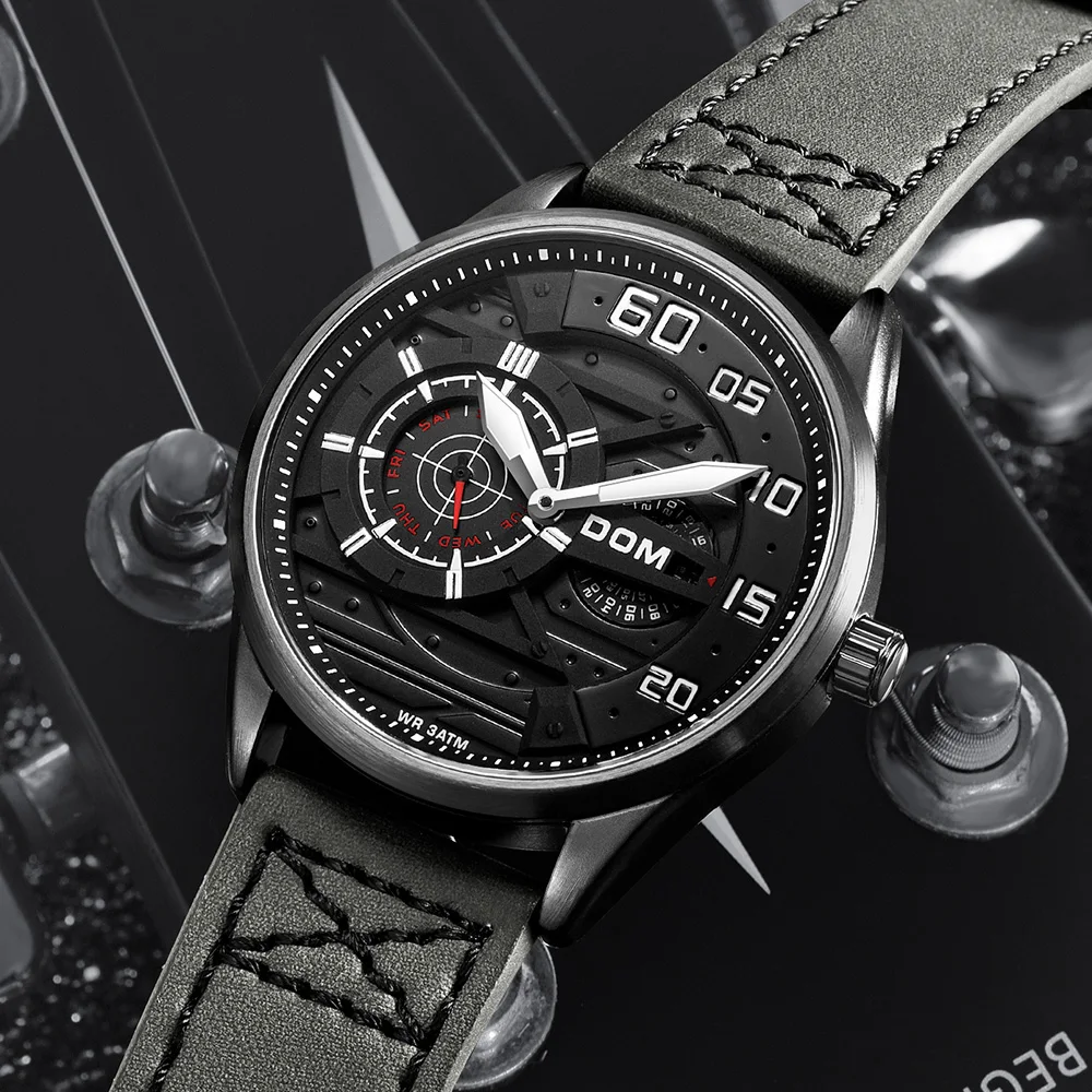 DOM LuxuryBrand men's quartz watch sports waterproof personality luminous fashion military style multi-function Leather watch