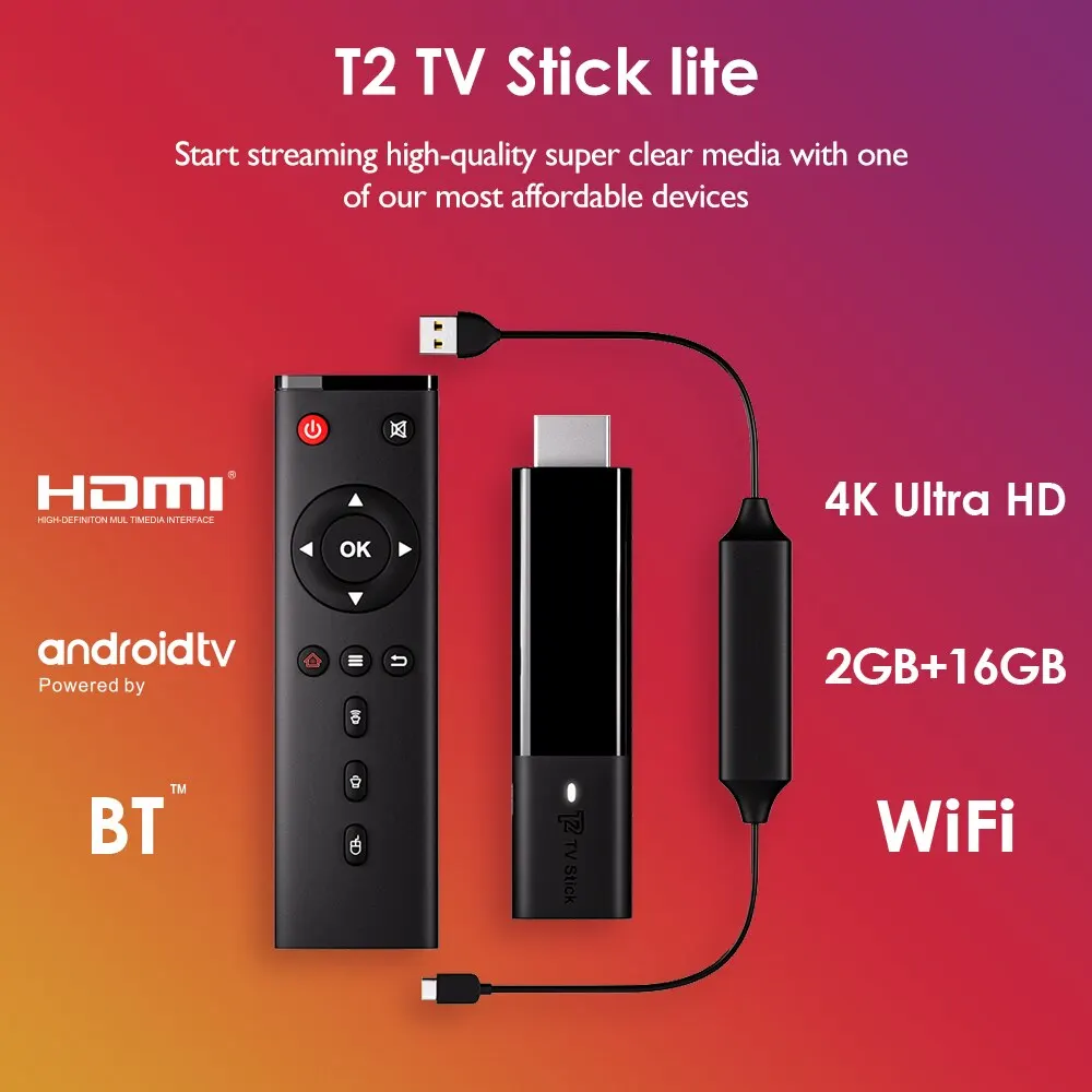 T2 Smart TV Stick 4K HD Bluetooth 5 Android 11 Android TV Box 2.4G WIFI 2G 16G S905W2 ARM G31