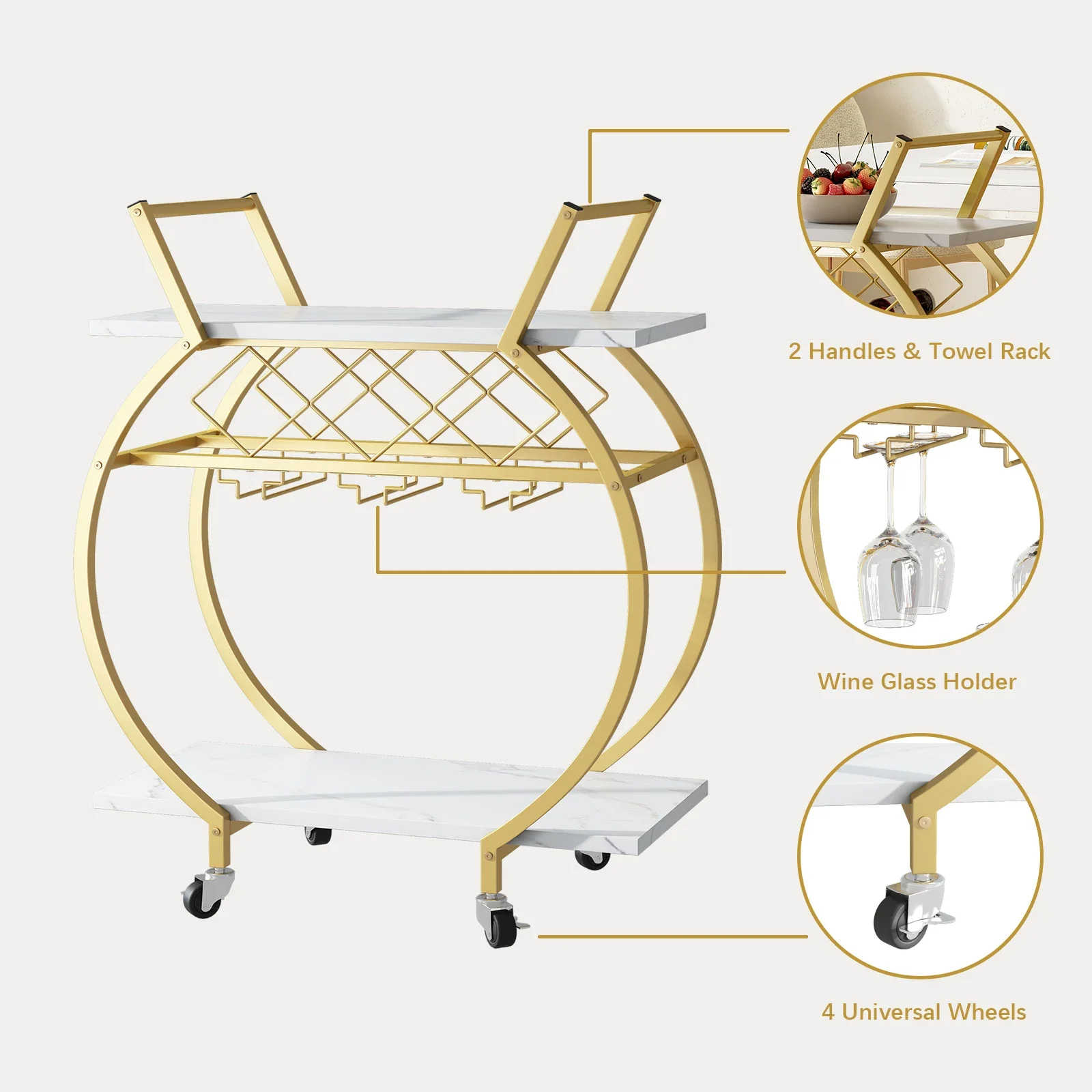 Gold and White Bar Cart Mini Rolling Kitchen Storage Cart with Wine Rack and Glass Holders Wine