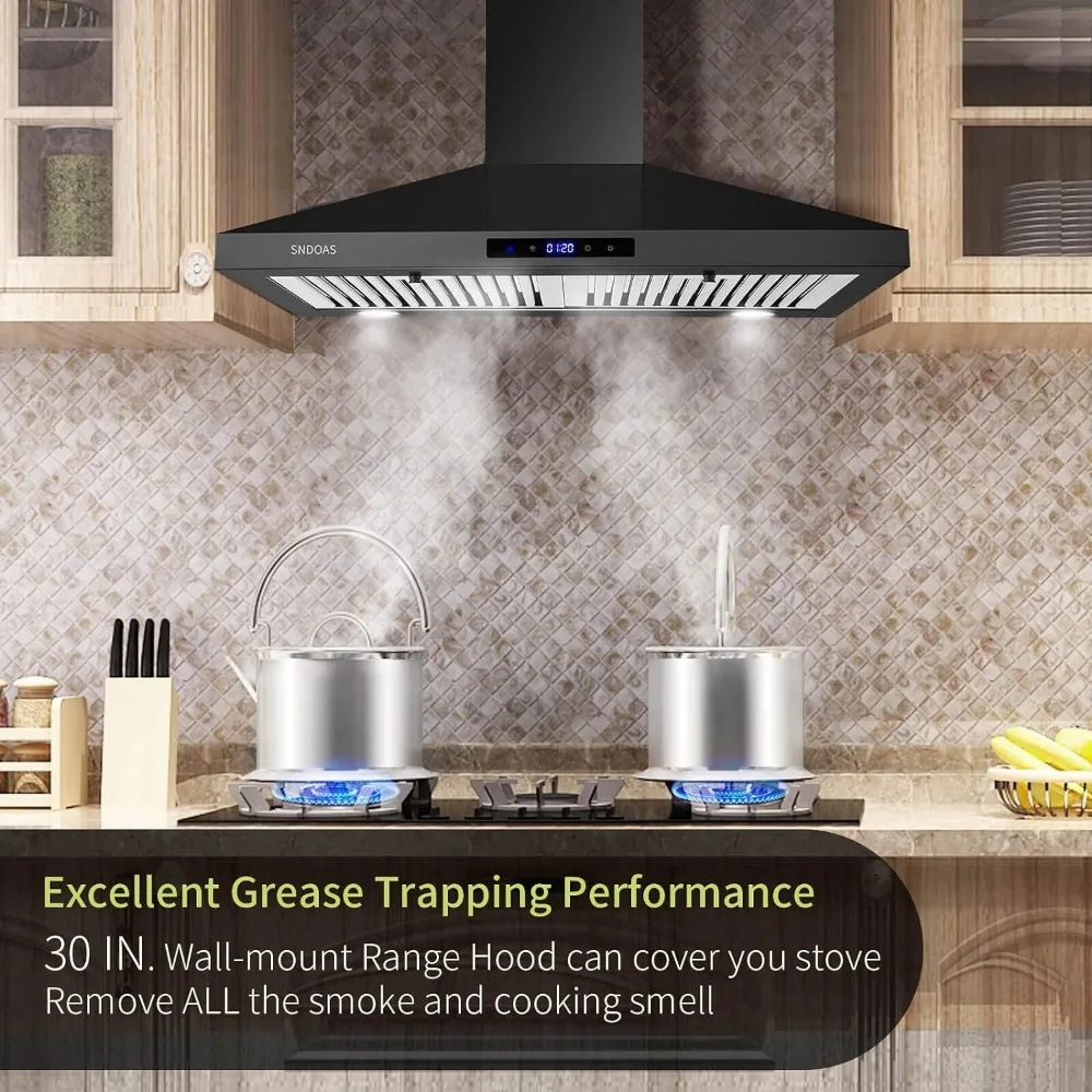 Range Hood Black,Wall Mounted Range Hood 30 inches,Black Kitchen Hoods with Touch Controls,Stainless Steel Range Hood 3