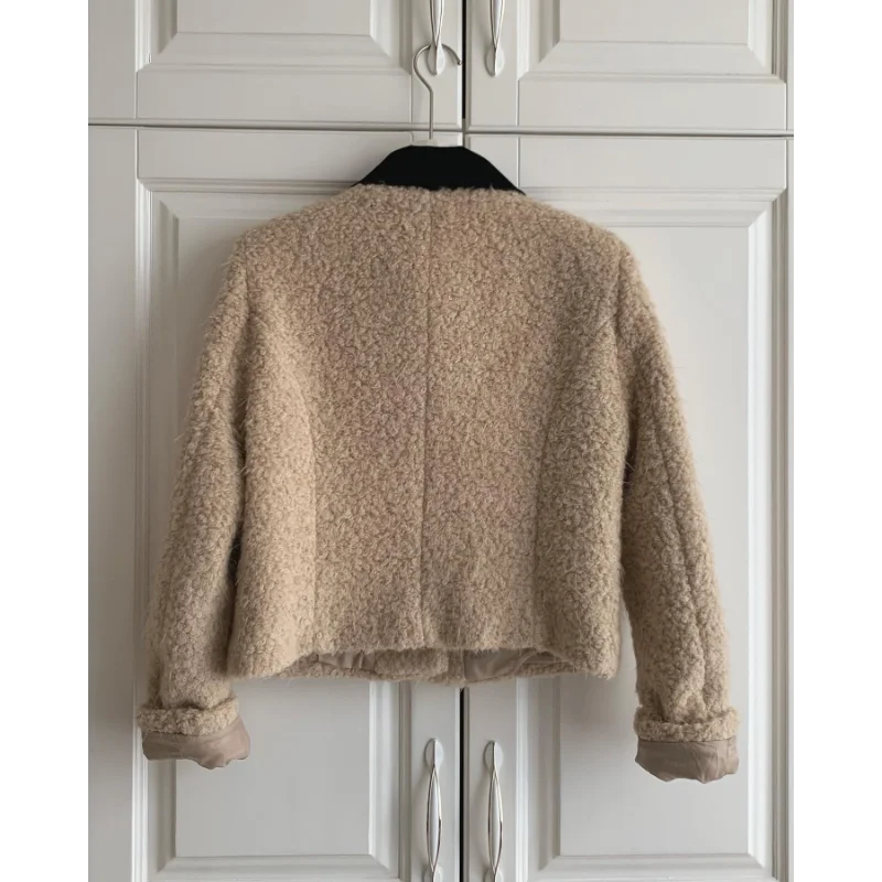 Khaki Stitching Lapel French Vintage Women Coat Small Fragrant Korea Long Sleeve Pocket Elegant Casual Short Coat Autumn Winter