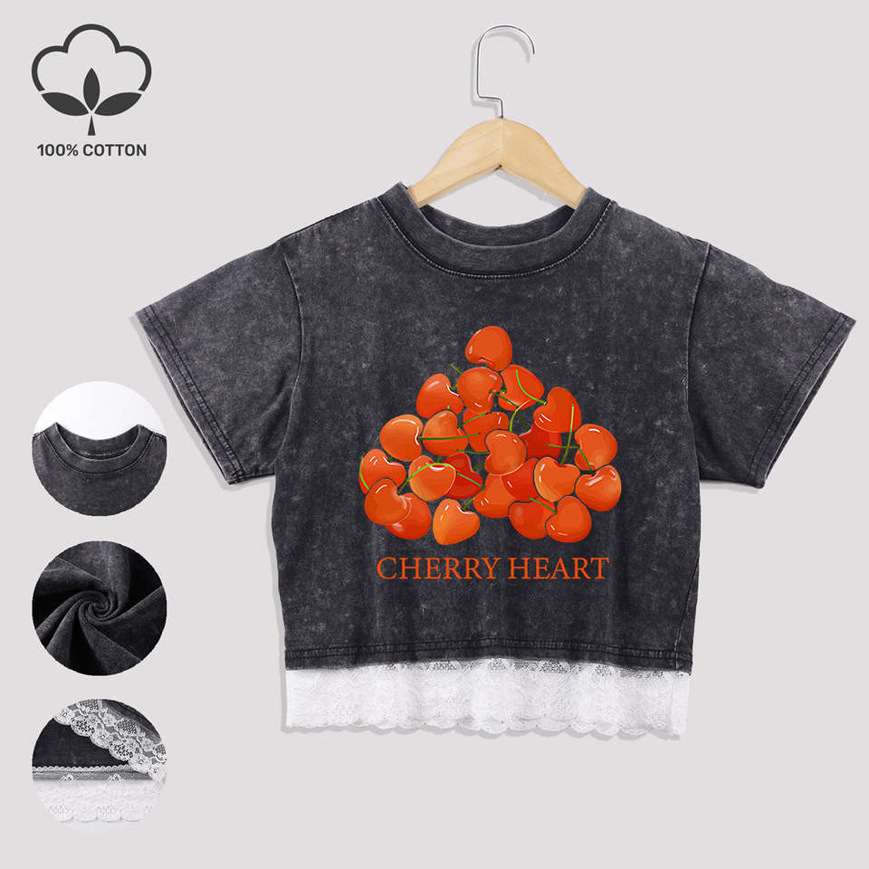 Fresh Cherry Heart Pattern Prints Cotton Washed T-Shirts Trend Summer Lace Hem Crop Tops O-Neck Regular Fit Tees Casual Clothes